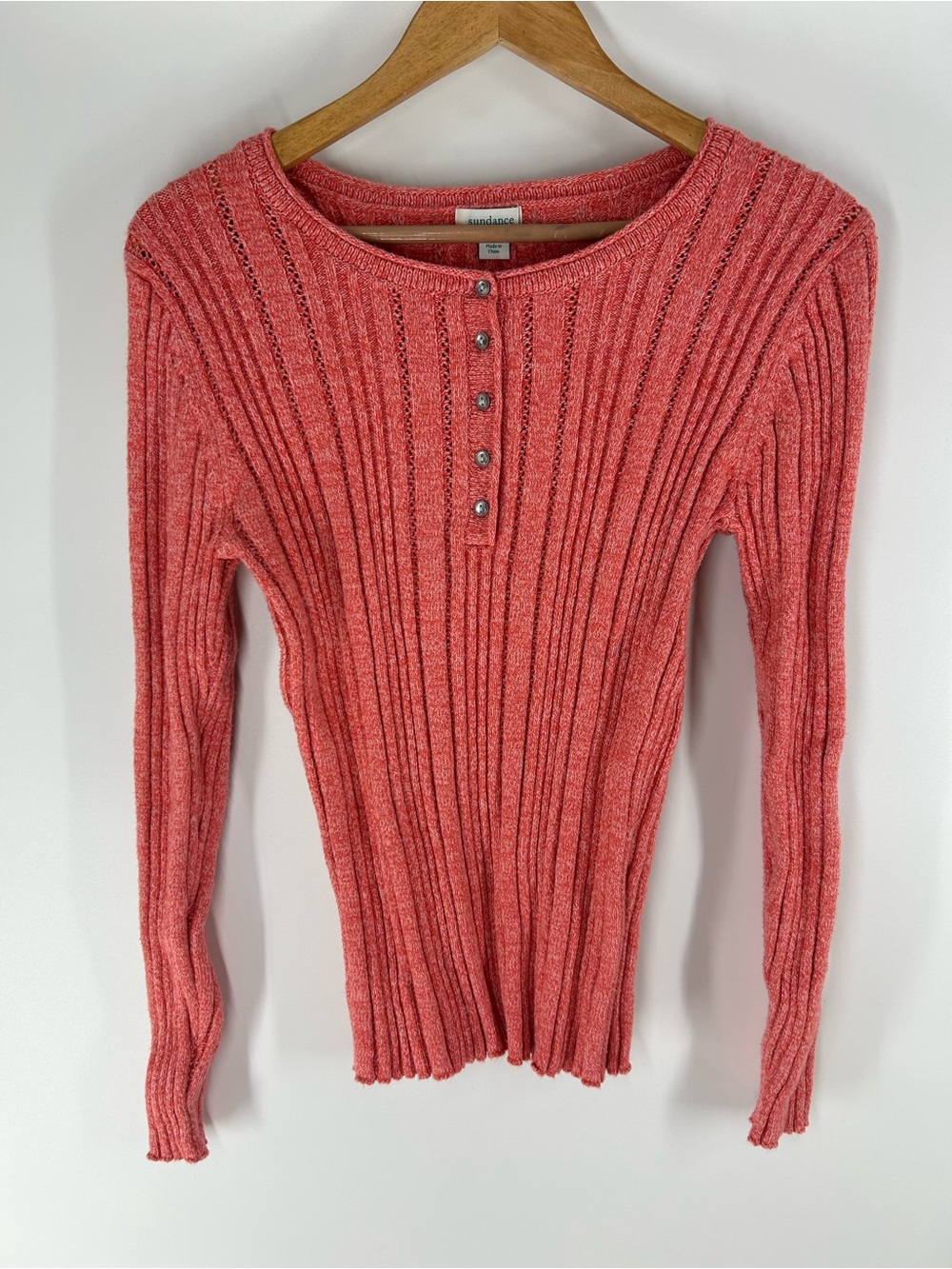 Sundance Coral Open-Knit Ribbed Button-Collar Sweater Medium